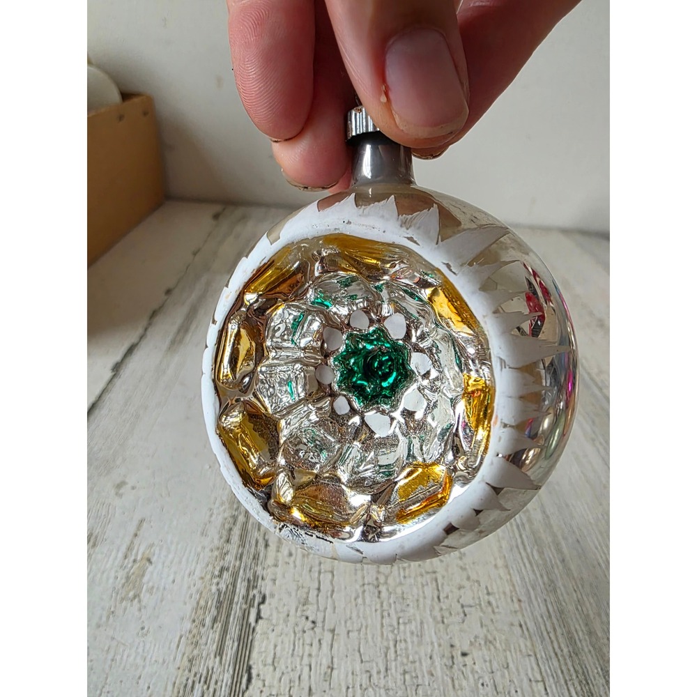 Vintage West germany? Indent green mercury glass on silvered ornament Xmas tree